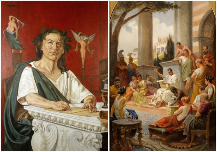 Слева направо: Гораций, Джакомо Эрнесто Эдуардо Ди Кирико. \ Гораций читает свои стихи, Адальберт фон Рёсслер.