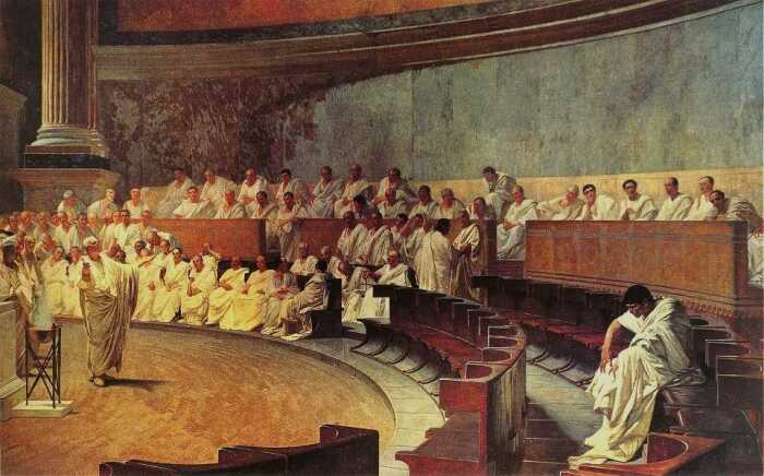 Цицерон произносит речь против Катилины в Римском сенате. Фреска «Зала Маккари» в Палаццо Мадама в Риме, Ч. Маккари, 1889 год. \ Фото: robertonovaes.com.br.