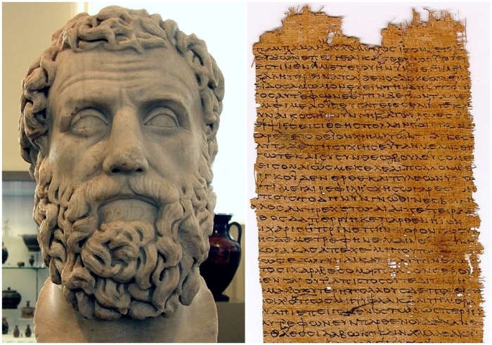 Слева направо: Архилох. \ Папирус с фрагментом произведения Архилоха.