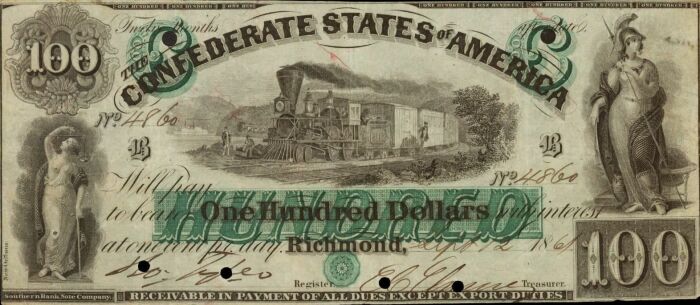100 долларов Конфедеративных Штатов Америки с изображением Минервы. \ Фото: papermoneybuyers.com.