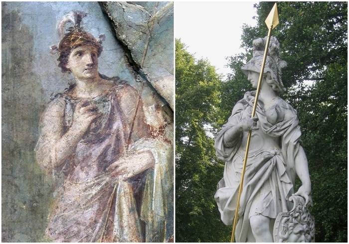 Слева направо: Минерва на фреске из Геркуланума (I век). \ Минерва Джузеппе Вольпини во Дворцовом парке Нимфенбург, Мюнхен.