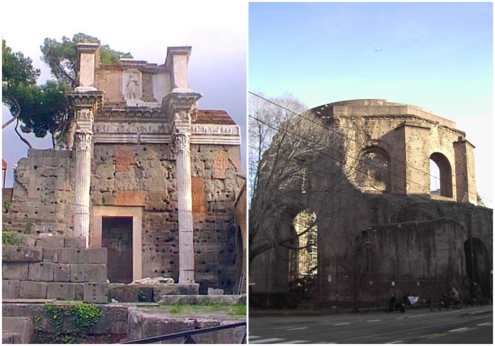 Слева направо: Руины храма Минервы на форуме Нервы в Риме. \ Руины храма Минервы Медика на Эсквилинском холме в Риме.