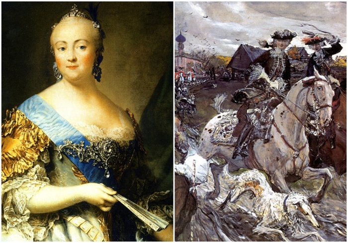 Слева направо: Елизавета Петровна. \ «Выезд императора Петра II и цесаревны Елизаветы Петровны на охоту», картина В.Серова.