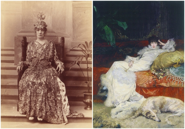 Слева направо:  Портрет Сары Бернар кисти Жоржа Клерина, 1876 год.  Сара Бернар в постановке Theodora, 1900 год.