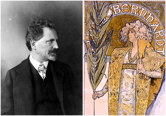 Слева направо: Альфонс Муха в 1906 году.  Постер «Жисмонда».