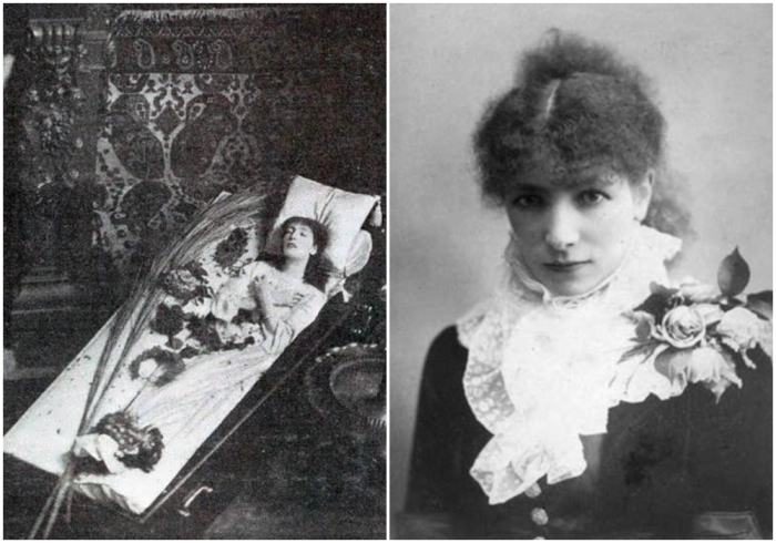 Слева направо: Фотография Сары Бернар в гробу, 1907 год.  Бернар, портрет, 1890 год.