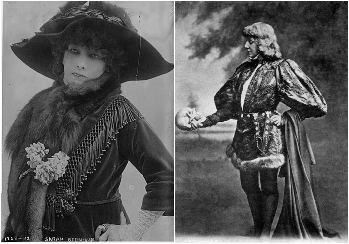 Слева направо: Сара Бернар за кулисами.  Сара Бернар в роли Гамлета, держащего в руках череп Йорика. Начало 1880-х годов.