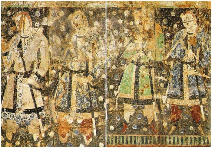 Фрагменты настенной росписи Тохарских принцев (возможно, народа Серес) из пещеры шестнадцати меченосцев, Кызыл, бассейн Тарима, Синьцзян, Китай, около 432-538 нашей эры.