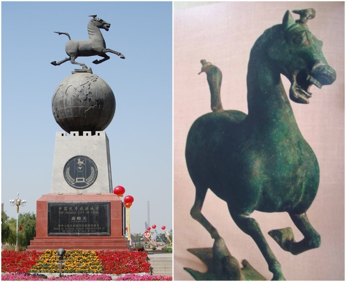 Слева направо: Памятник с «Летящей лошадью», Цзяюйгуань, Китай. \ Летящая небесная лошадь.