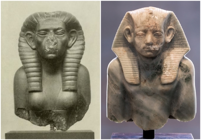 Слева направо: Статуя  Себекнеферу. \ Аменемхет III, отец Себекнеферу.