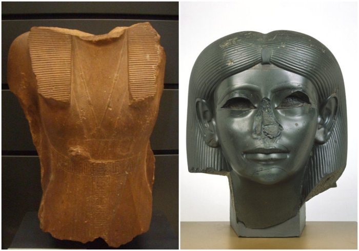 Слева направо: Бюст Себекнеферу. \ Голова женщины-сфинкса, около 1876-1842 годов до нашей эры.