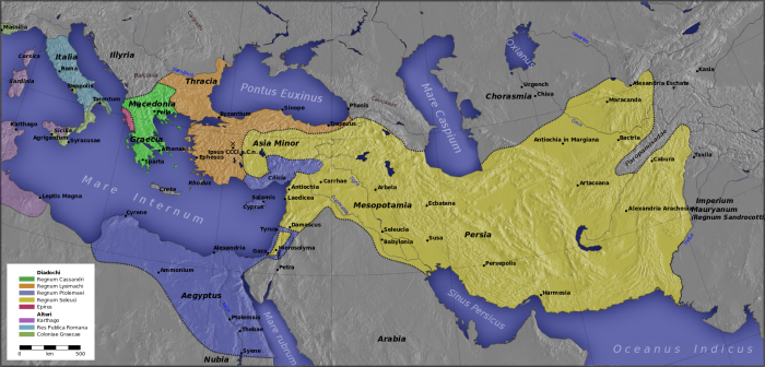 Македонская империя, 336-323 годы до н.э. И царства Диадохов в 301 и 200 годах до нашей эры. \ Фото: wikipedia.org.