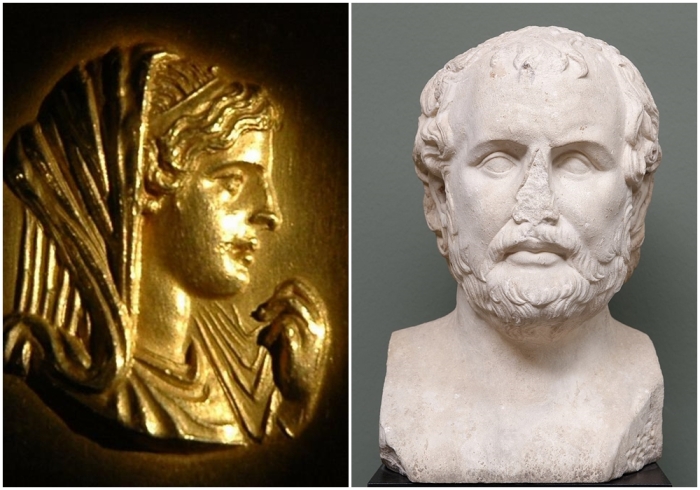 Слева направо: Римский медальон с изображением Олимпиады, матери Александра. \ Филипп II Македонский, отец Александра.