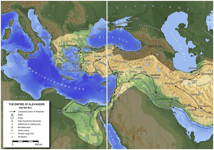 Карта империи Александра и его маршрут.