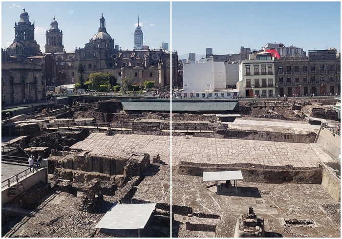 Панорамный вид на Темпло Майор, Мехико, где в историческом центре можно увидеть археологические находки.