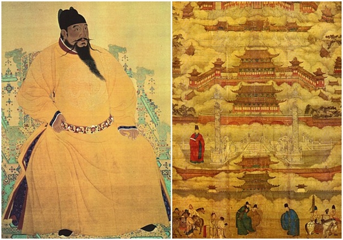Слева направо: Построить Запретный город приказал император Юнлэ. \ Запретный город, как он изображён на рисунке эпохи династии Мин.