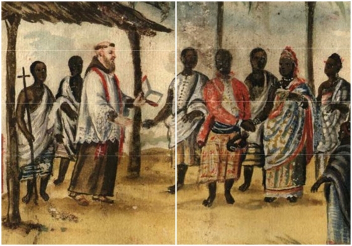 Фрагменты акварели монаха-капуцина Бернардино дАсти с изображением христианской свадебной церимонии в королевстве Конго, около 1750 года.