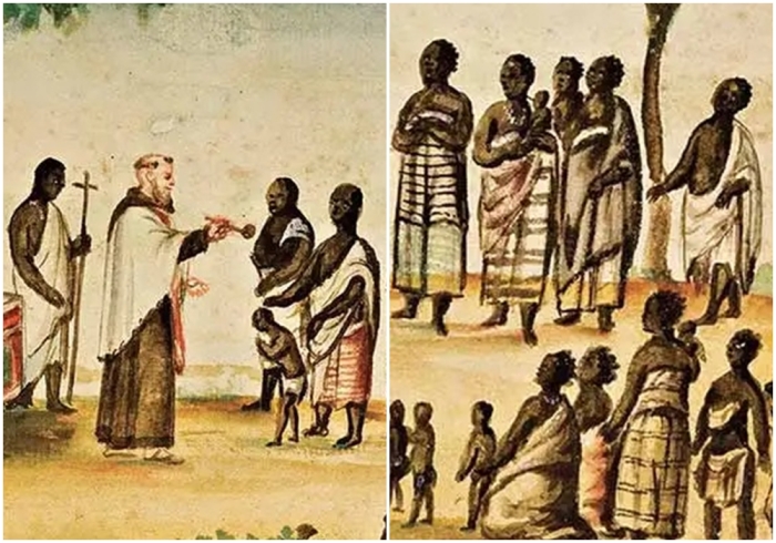 Миссионер-капуцин, крестящий народ Конго, 1740-е годы,