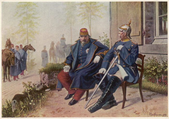 Наполеон III беседует с Отто фон Бисмарком после того, как Вильгельм Кампхаузен захватил его в плен в битве при Седане, 1878 год. \ Фото: revueconflits.com.