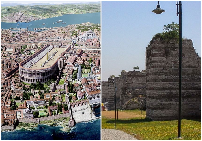 Слева направо: Реконструкция Константинополя в 1200 году. \ Участок Феодосийских стен, примыкающий к стенам Влахерны, с дворцом Порфирородных на заднем плане, как они выглядят сегодня в пригороде Стамбула.