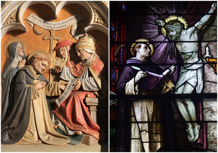 Слева направо: Святой Фома Аквинский и Папа Римский. \ Икона распятия, говорящего с Фомой Аквинским, изображена на этом витраже в церкви Святого Патрика (Колумбус, Огайо).