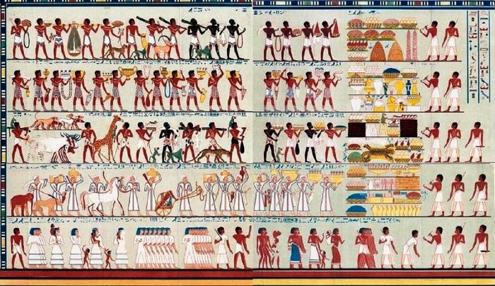 Изображение из гробницы Рехмира, чати Тутмоса III: Иноземцы, приносящие дары, дань и рабов в Египет. \ Фото: wikipedia.org.