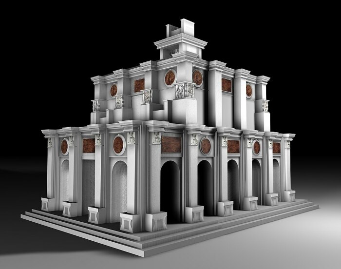 Гипотетическая реконструкция первого проекта гробницы Юлия II (1505) в соответствии с новой интерпретацией Адриано Маринаццо. \ Фото: en.wikipedia.org.