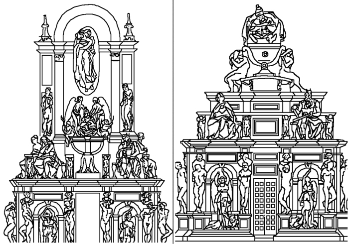 Слева направо: Реконструкция проекта 1513 года, основанная на рисунке Джакомо Роккетти (ученика Микеланджело) в Купферстихкабинете, Берлин. \ Реконструкция оригинального проекта 1505 года для отдельно стоящей гробницы (по проекту Франко Руссоли, 1952 год).