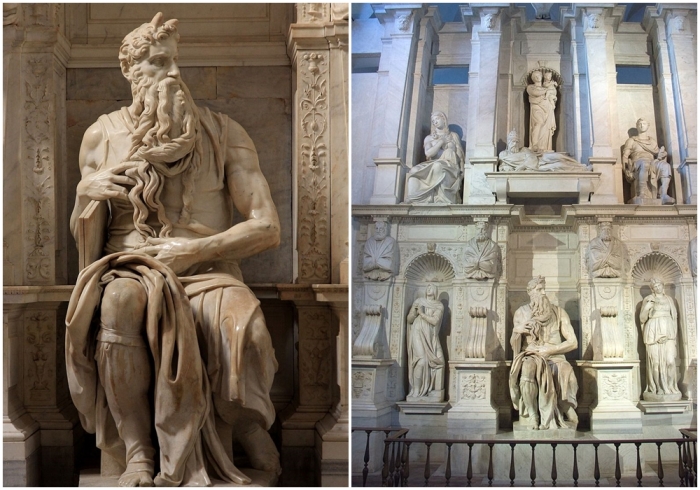 Слева направо: Моисей работы Микеланджело Буонарроти, гробница (1505-1545 годы) Юлия II. \ Макет неосуществлённой гробницы папы Юлия II. Церковь Сан-Пьетро-ин-Винколи, Рим.
