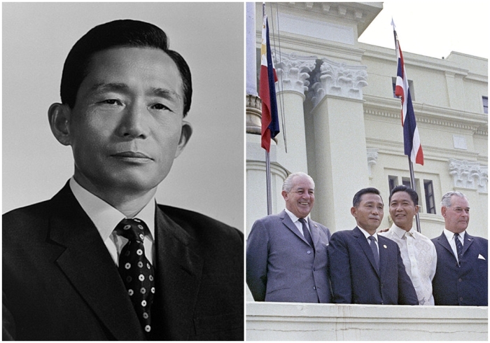 Слева направо: Пак Чон Хи (Пак Чжон Хи) - 3-й Президент Республики Корея. \ Президент Пак Чонхи (третий слева) на саммите СЕАТО, 1966 год.