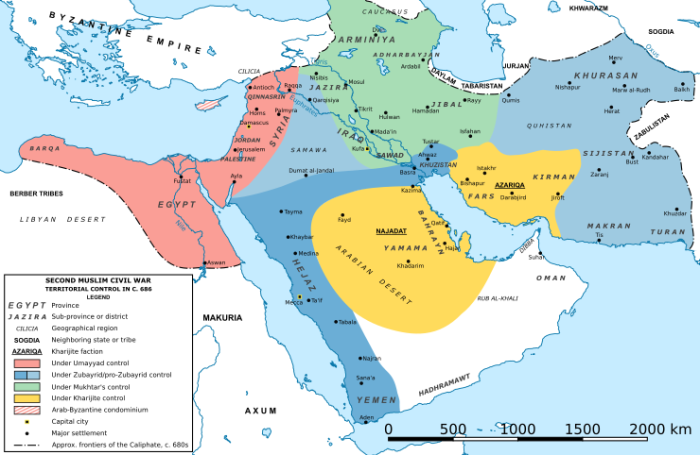 Карта халифата во время Второй Фитны в 686 году. \ Фото: upload.wikimedia.org.