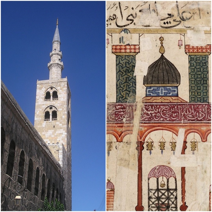 Слева направо: Минарет мечети Омейядов, на который должен спуститься пророк Иса. \ Мечеть Омейядов. Миниатюра арабской рукописи «Китаб-аль-Булхан», конец XIV века.