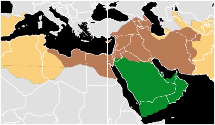 Карта роста Арабского халифата на разных этапах. К моменту смерти Мухаммеда в 632 году ислам распространился по всей Аравии (выделена зелёным цветом).