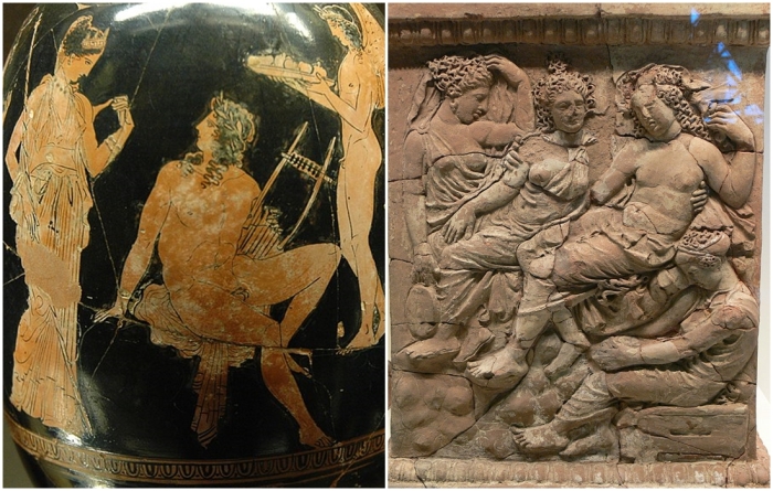 Слева направо: Афродита и Адонис, краснофигурный аттический арибаллиск лекиф, около 410 год до нашей эры. \ Один из двух алтарей, посвящённых Афродите и Адонису, изготовленных в Тарасе, Южная Италия, 400-375 годы до нашей эры.