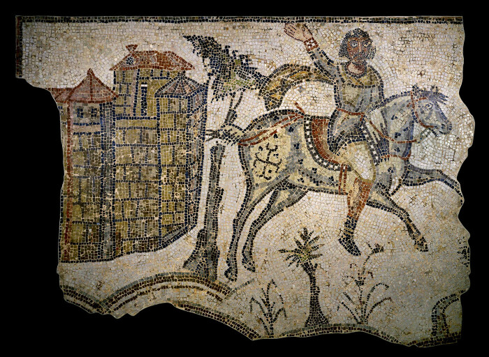 Мозаичная мостовая с изображением всадника и виллы, конец V-VI века н.э. \ Фото: artsandculture.google.com.