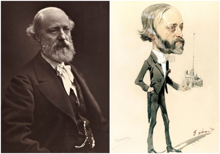 Слева направо: Портрет Виолле-ле-Дюка, Феликс Надар. \ Фото: Карикатура на Виолле-ле-Дюка, Жан Жиро, 1861 год.