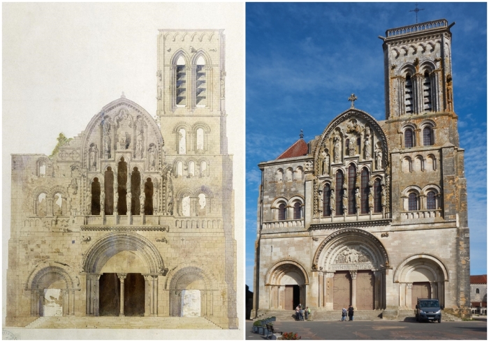 Слева направо: Эскиз: Аббатство Везле, возвышение западного фасада, Эжен Виоле-ле-Дюк, 1840 год. \ Аббатство Везле.