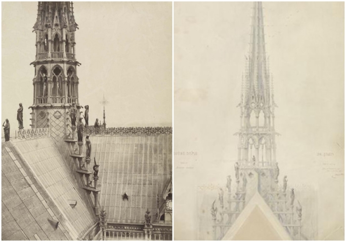 Слева направо: Стрела и статуи, 1861 год. \ Проект Центральной стрелы, Эжен Виоле-ле-Дюк, 1814-1879 гг.