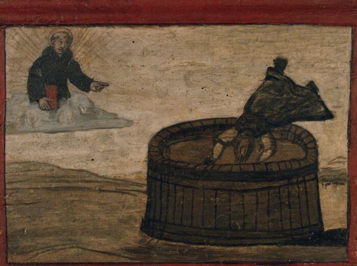 Девушка, упавшая в чан с вином, начало XVI века. \ Фото: madonnas-and-miracles.fitzmuseum.cam.ac.uk.