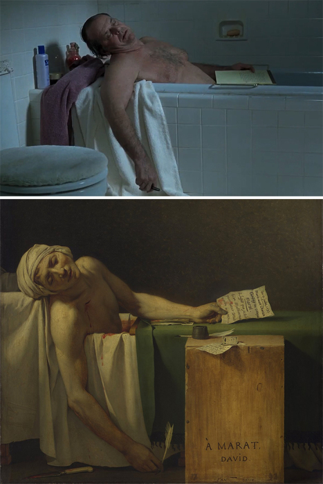 «О Шмидте», 2002 год, реж. Александр Пэйн и «Смерть Марата», 1973 год, Жак-Луи Давид.