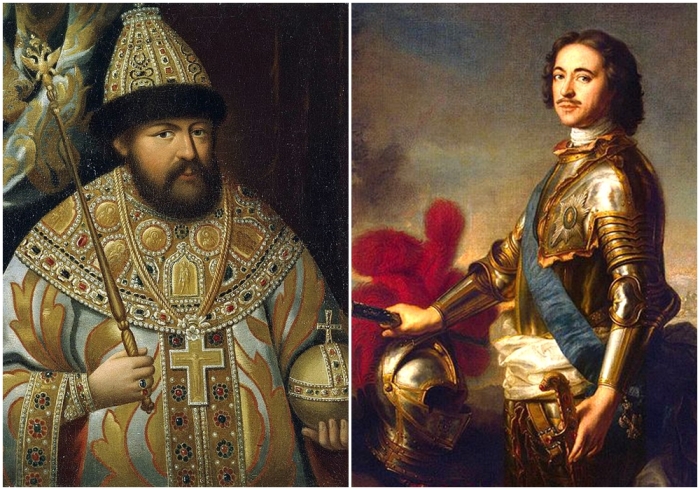 Слева направо: Портрет царя Алексея Михайловича, 17 или 18 век. \ Портрет Петра Великого, кисти Жан-Марка Натье, 1717 год.