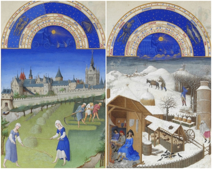 Иллюстрации июня и февраля из книги Tres Riches Heures герцога Беррийского, Братья Лимбург.