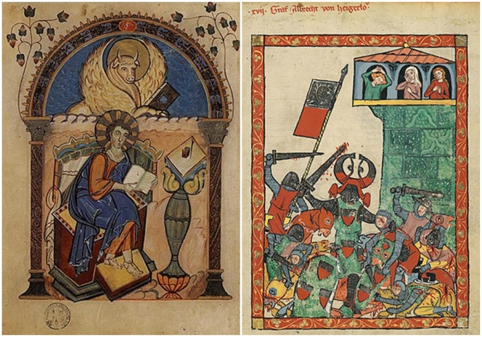 Слева направо: Евангелист Лука, «Золотой кодекс из Лорша», конец VIII — начало IX века. \ Граф Альбрехт II Гогенберг в сражении, «Манесский кодекс», 1300 год.