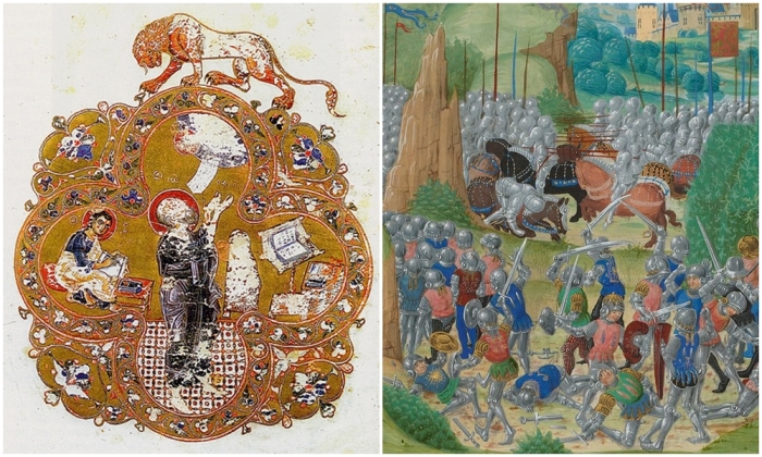 Слева направо: Евангелист Иоанн, миниатюра на первой странице Остромирова евангелия, 1057 год. \ Битва при Оттерберне, рукопись «Хроник» Жана Фруассара, 1399 год.