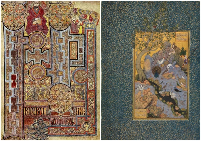 Слева направо: Богато украшенный текст, открывающий Евангелие от Иоанна в Келлской книге, начало IX века. \ Сцена из Птичьего совещания Аттара, написанная около 1600 года.