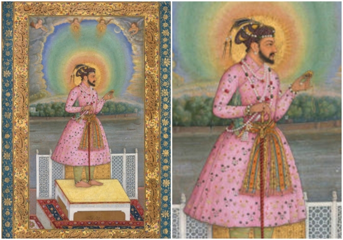Шах Джахан на террасе, держит в руках кулон со своим портретом, фолиант из альбома Шах Джахана. Написана индийцем Читарманом, лицевая сторона: датирована 1627-28 годами; оборотная сторона: около 1530-50 годов.