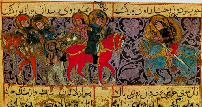 Раненый Варка взят в плен, миниатюра «Варка и Гольшах», середина XIII века, Топкапы Сарай, Стамбул.