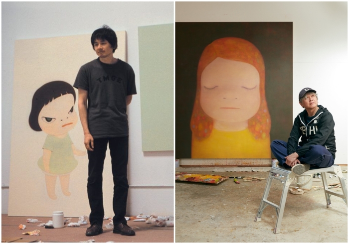 Ёситомо Нара на фоне своих работ.