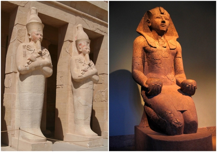 Слева направо: Парные осирические статуи Хатшепсут перед храмом в Дейр-эль-Бахри. \ Статуя Хатшепсут из красного гранита в мужском образе с ритуальными подношениями богам стояла в Дейр-эль-Бахри, Метрополитен-музей.