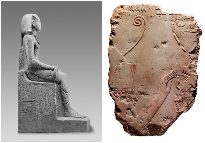 Слева направо: Большая статуя Хатшепсут, изуродованная и разбитая, чтобы стереть её личность, 1479-1458 гг. до н. э. \ Фрагмент рельефа, изображающего Хатшепсут и бога Амона, 1479-1458 гг. до н. э.